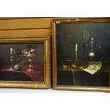 CONTINENTAL SCHOOL oils on canvas - still lifes of pewter flagon and violin, and brass candlestick