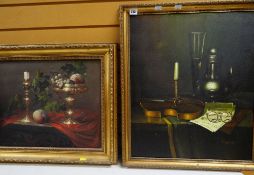 CONTINENTAL SCHOOL oils on canvas - still lifes of pewter flagon and violin, and brass candlestick