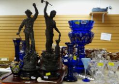 BLUE GLASS TABLE LUSTRE, assorted glassware, character jugs and pair of French spelter figurines