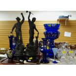 BLUE GLASS TABLE LUSTRE, assorted glassware, character jugs and pair of French spelter figurines