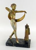 1930s ART DECO FIGURAL TABLE LIGHTER, modelled as a patinated metal dancing female figure beside a