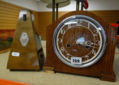 ENFIELD ART DECO OAK MANTEL CLOCK and a Maelzel metronome (2)