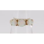 14CT GOLD THREE-STONE OPAL RING, 3.4gms