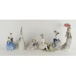 FOUR LLADRO PORCELAIN FIGURES, in boxes and a Royal Doulton 'Adrienne' figurine (5)