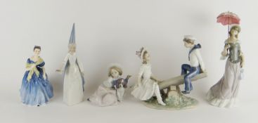 FOUR LLADRO PORCELAIN FIGURES, in boxes and a Royal Doulton 'Adrienne' figurine (5)