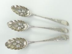 THREE SILVER GEORGE III ENGRAVED BERRY SPOONS, London 1786, Hester, Bateman, 17cms long, 2.5ozs