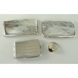 TWO EDWARDIAN PLAIN SILVER CARD CASES WITH HINGED LIDS, engraved monograms and engine turned vesta