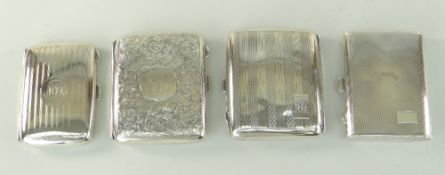 FOUR EARLY 20TH CENTURY CIGARETTE CASES one with foliate scrolled engraving, the others engine