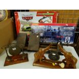 TWO DECORATIVE DINNER GONGS, LARGE WOODEN CARPENTER'S CLAMP, DISNEY CARS MICRO SCALEXTRIC ETC.