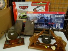 TWO DECORATIVE DINNER GONGS, LARGE WOODEN CARPENTER'S CLAMP, DISNEY CARS MICRO SCALEXTRIC ETC.