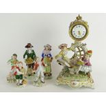 DRESDEN FIGURAL PORCELAIN CLOCK & FIVE GERMAN PORCELAIN FIGURINES (6)