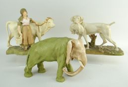 THREE ROYAL DUX FIGURES comprising elephant, milk maid with cow and retriever with hare (3)