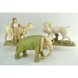 THREE ROYAL DUX FIGURES comprising elephant, milk maid with cow and retriever with hare (3)