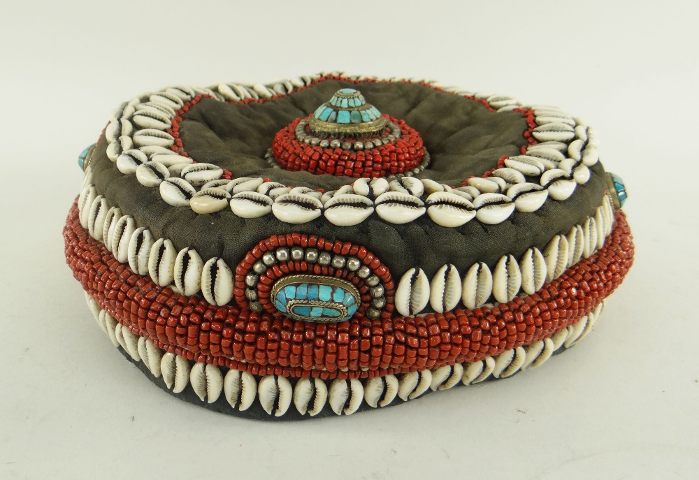 UNUSUAL TIBETAN CIRCULAR CLOTH HAT applied with coral beads, cowrie shells, white metal beads and