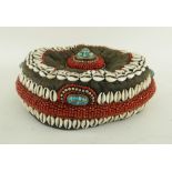 UNUSUAL TIBETAN CIRCULAR CLOTH HAT applied with coral beads, cowrie shells, white metal beads and