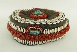 UNUSUAL TIBETAN CIRCULAR CLOTH HAT applied with coral beads, cowrie shells, white metal beads and