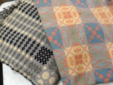 VINTAGE WELSH TAPESTRY BLANKET woven in charcoal, cream and grey wool and another in peach (2)