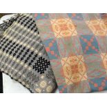 VINTAGE WELSH TAPESTRY BLANKET woven in charcoal, cream and grey wool and another in peach (2)