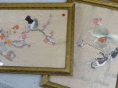 TWO CHINESE SILK EMBROIDERED PICTURES OF MANDARIN DUCKS & MYNA BIRD (2)