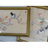 TWO CHINESE SILK EMBROIDERED PICTURES OF MANDARIN DUCKS & MYNA BIRD (2)