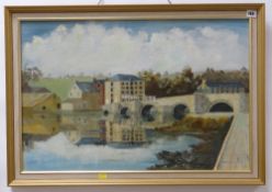 J. GOUGH oil on board - river with stone bridge, entitled verso 'Cardigan Bridge & River Teifi', 49