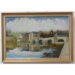 J. GOUGH oil on board - river with stone bridge, entitled verso 'Cardigan Bridge & River Teifi', 49