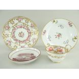 SWANSEA-STYLE ROSE PAINTED & MOULDED DESSERT DISH, 21cms diam., similar teacup with Leslie Joseph