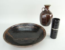 STUDIO POTTERY stoneware bowl, stoneware flask and stoneware spill vase (3)