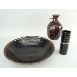 STUDIO POTTERY stoneware bowl, stoneware flask and stoneware spill vase (3)