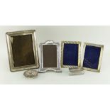 FOUR SILVER PHOTOGRAPH FRAMES (1 x PAIR, 2 x SINGLES), silver bon bon dish and silver topped