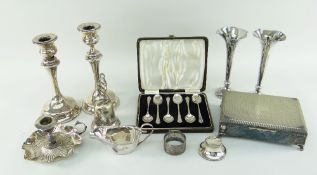 ASSORTED SILVER & PLATE including boxed set of silver coffee spoons, silver creamer, pair of