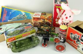 MAMOD STEAM ENGINE, boxed GD Grumman FIIIA jet fighter, Marx cap, firing tank, drumming bunny,