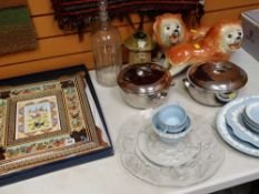 ASSORTED CERAMICS including pair of Staffordshire lions, a large 'poison' bottle and a pair of