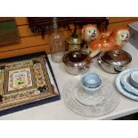 ASSORTED CERAMICS including pair of Staffordshire lions, a large 'poison' bottle and a pair of