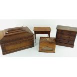MINIATURE CARVED MAHOGANY SIDE TABLE & CHEST OF DRAWERS together with walnut jewellery casket and