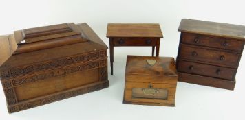 MINIATURE CARVED MAHOGANY SIDE TABLE & CHEST OF DRAWERS together with walnut jewellery casket and