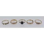 FIVE 9CT GOLD DRESS RINGS, three set with semi-precious stones, one with sapphires, 9.7gms