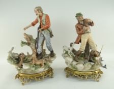 PAIR OF CAPODIMONTE FIGURES OF FISHERMAN & HUNTER, raised on gilt and metal rococo bases, signed