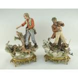 PAIR OF CAPODIMONTE FIGURES OF FISHERMAN & HUNTER, raised on gilt and metal rococo bases, signed