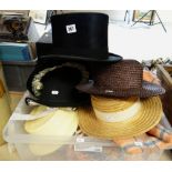 VINTAGE GENTLEMAN'S TOP HAT, vintage apricot blanket, other hats
