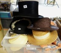 VINTAGE GENTLEMAN'S TOP HAT, vintage apricot blanket, other hats