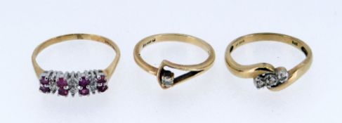 THREE 9CT GOLD LADIES DRESS RINGS OF VARIOUs DESIGNS, set with small diamonds, 6.6gms overall (3)