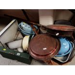 ASSORTED ENAMEL KITCHEN WARE & TWO VICTORIAN WARMING PANS