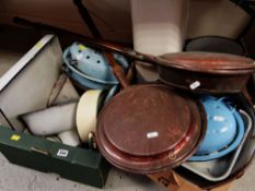 ASSORTED ENAMEL KITCHEN WARE & TWO VICTORIAN WARMING PANS