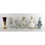 FIVE LLADRO PORCELAIN FIGURES in boxes and a gilt metal mounted glass vase (6)
