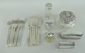 FIVE EDWARDIAN SILVER-TOPPED CUT GLASS JARS and set of six plated fish knives and forks