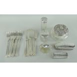 FIVE EDWARDIAN SILVER-TOPPED CUT GLASS JARS and set of six plated fish knives and forks