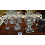 GROUP OF ASSORTED GLASSWARE including five star etched glasses on square section bases, green and