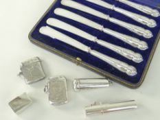 BOXED SET OF EDWARDIAN SILVER-HANDLED FRUIT KNIVES together with two vesta cases, pill box,