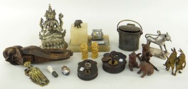 ASSORTED METALWARE & CARVINGS including Art Deco alabaster desk calendar, Chinese brass figure of